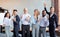 Joyful Coworkers Celebrating Success At Work Gesturing Posing In Office