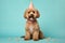 Joyful dog wearing party hat celebrates birthday with falling confetti on pastel background