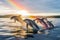 Joyful Dolphins Jumping with Rainbow in Ocean - Nature Wildlife Action Shot