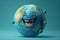 Joyful Earth Character Laughing on Blue Background, AI Generated