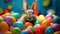 Joyful Easter bunny with a backdrop of colorful eggs. Festive rabbit. Use for Easter holiday promotions and themed
