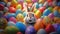 Joyful Easter bunny with a backdrop of colorful eggs. Festive rabbit. Use for Easter holiday promotions and themed