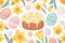 Joyful Easter illustration of traditional cake, surrounded by decorated eggs and cheerful daffodils
