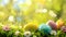 A joyful Easter scene with a few colorful eggs and a central area for your Easter wishes