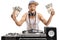 Joyful elderly DJ holding bundles of money