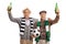 Joyful elderly soccer fans with scarves and bottles of beer