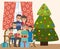 Joyful family near the New Year tree. Merry Christmas and Happy New Year, winter holidays