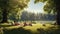 A joyful family picnic in a sun-dappled clearing, surrounded by tall trees