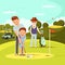 Joyful Father and Grandpa Teach Little Boy to Play Golf.