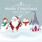 Joyful flat design Christmas card with snowman , Santa and gnome. Christmas poster