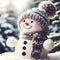 Joyful frosty friend: Closeup of a cute, funny snowman laughing, adorned with a wool hat and scarf