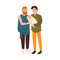 Joyful gay couple standing together and holding infant child. Modern homosexual partners or spouses and parenting. Flat