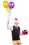 Joyful gentleman holding gift and balloons