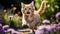 Joyful ginger kitten leaping in a sunlit garden, summer flowers and cobblestone path, cheerful summer day