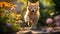 Joyful ginger kitten leaping in a sunlit garden, summer flowers and cobblestone path, cheerful summer day