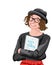 Joyful girl in black t-shirt, red dress, glasses and black fedora holding a notebook with back to school inscription