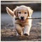 A joyful golden retriever puppy with a wagging tail, carrying a stick in its mouth4