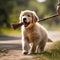 A joyful golden retriever puppy with a wagging tail, carrying a stick in its mouth5