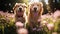 Joyful Golden Retrievers frolicking in a blooming park