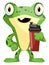 Joyful, green frog holding a cup of water, illustration, vector