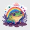 a joyful green frog sits in a swamp and a rainbow in the sky. cute reptile in nature. colorful day.