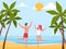 Joyful guy and girl in swimsuit jumping on beach enjoying summer vacation. Sea landscape with palm trees. Tropical