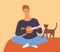 Joyful guy playing on ukulele and singing having fun with cat vector flat illustration. Male musician holding small