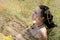 Joyful hippie woman have a fun relaxing on a meadow