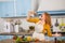 Joyful housewife having fun in kitchen, using carrot as microphone.