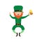 Joyful jumping leprechaun with beer in his hand.