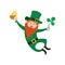 Joyful jumping leprechaun with clover and beer in his hands.