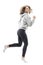Joyful jumping and running young cheerful beauty woman in motion with flying hair. Vitality concept