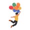 Joyful Kid Boy Character Soars Through The Sky, Held Aloft By Vibrant Balloons. His Laughter Fills The Air