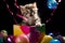 A joyful kitten enthusiastically jumping out of a gift box adorned with balloons