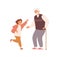 Joyful little girl and grandfather having fun together vector flat illustration. Happy grandchild running and hugging