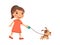Joyful little girl is walking on a leash of a cute puppy. The concept of friendship with pets.