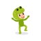 Joyful little kid having fun in green frog jumpsuit. Cartoon child cheerful face expression showing shows tongue. Boy or