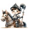 Joyful Medieval Knight on Horseback: A Whimsical Watercolor Cartoon Clipart Illustration