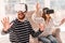 Joyful merry man shifting through VR world