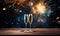 Joyful moment captured with filled champagne glasses and a spectacular fireworks. AI generative