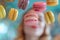 A joyful moment, a young girl out of focus behind a cascade of vibrant macarons.