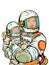 Joyful mother astronaut with a baby in her arms. Mothers Day. Pop art retro style. Cosmic woman in motherhood