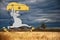 joyful mouse running with cheese against the background of cereals and a dark sky