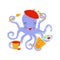 Joyful octopus artist with pink cheeks in red beret. Funny sea animal holding drawing tools in tentacles. Flat vector