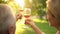 Joyful old couple clinking wineglasses and celebrating anniversary, outdoor date