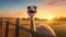 Joyful Ostrich At Sunset: Photorealistic Rendering Of Rural Life