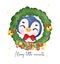 Joyful Penguin Celebrating Christmas in a Festive Wreath, Merry Christmas Watercolor Cartoon. Exciting Smiles and Cheerful Holiday