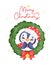 Joyful Penguin Celebrating Christmas in a Festive Wreath, Merry Christmas Watercolor Cartoon. Exciting Smiles and Cheerful Holiday