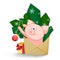 A joyful pig jumping out of an envelope to decorate the fir branches.
