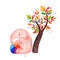 A joyful pink elephant sits under a fabulous tree and holds a rainbow ball.